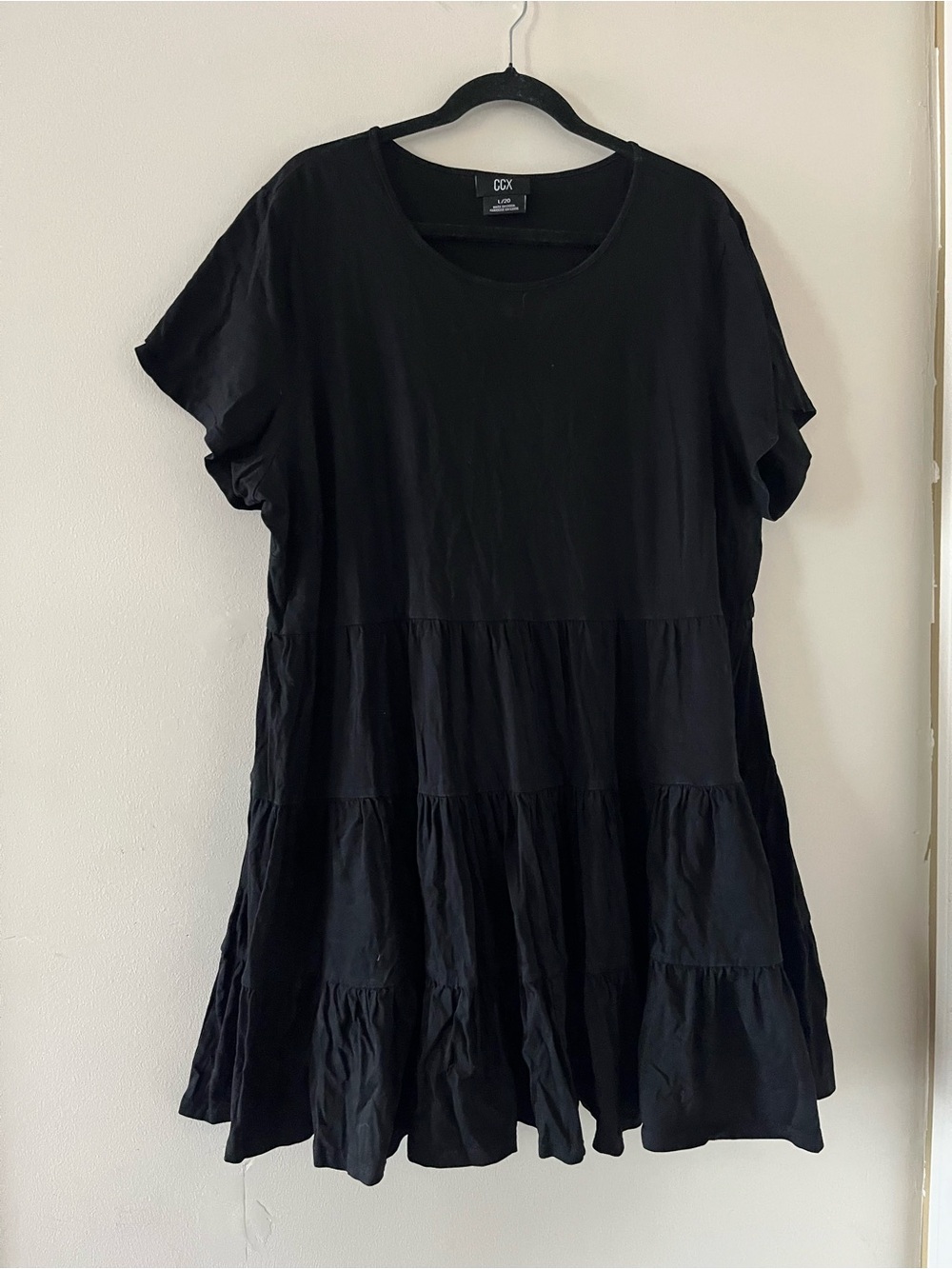 Black 100% Cotton Tiered Mini Dress 20 Babydoll Minimalist Lagenlook Flowy